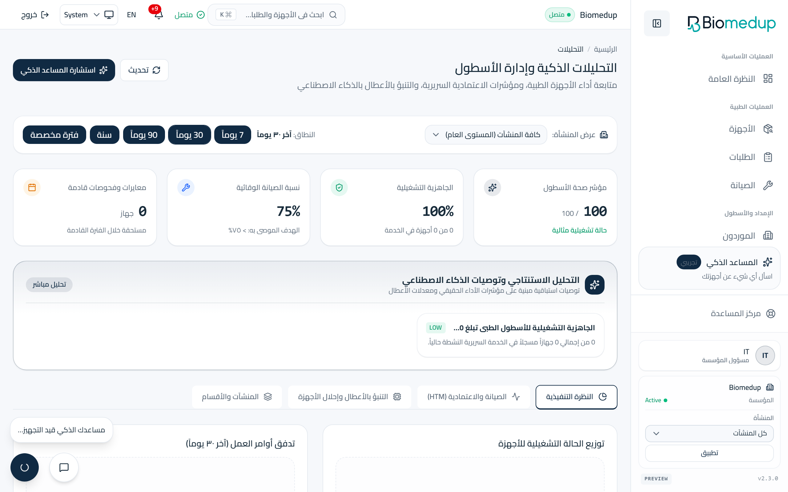 لقطة شاشة لصفحة التحليلات الذكية في مساحة عمل Biomedup