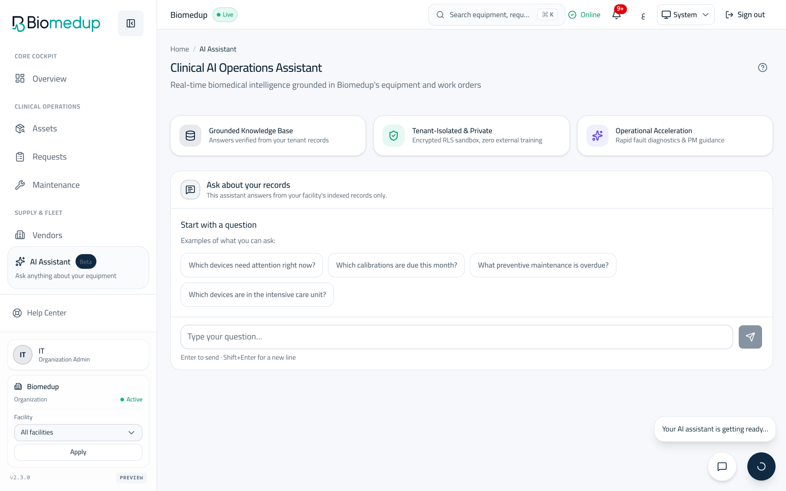 Screenshot of the AI Assistant surface in the Biomedup workspace