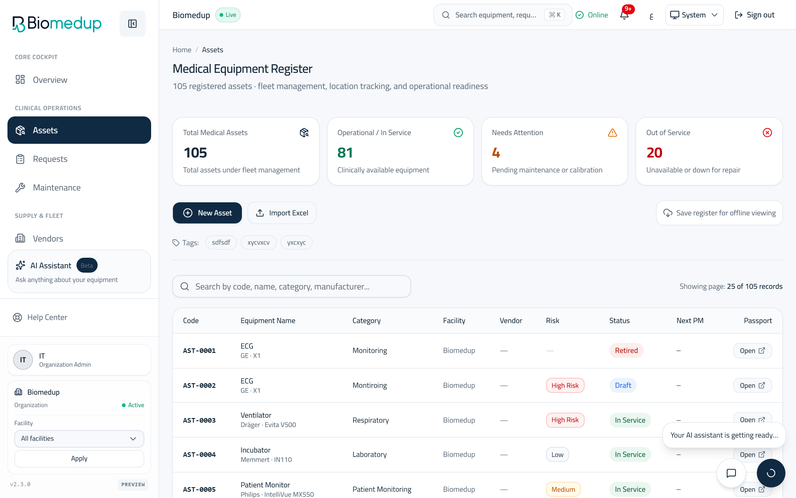 Screenshot of the Assets (equipment) surface in the Biomedup workspace