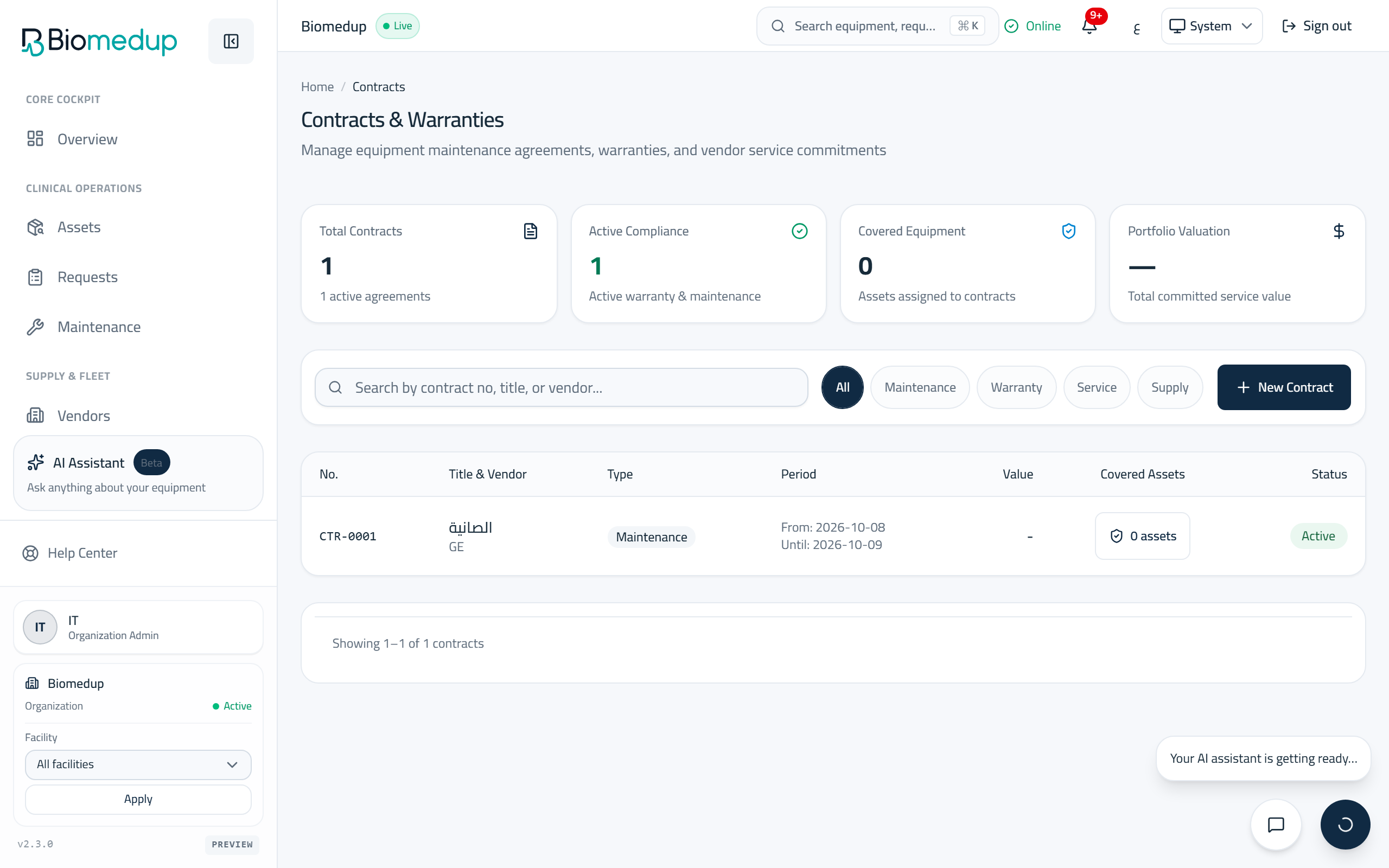 Screenshot of the Contracts surface in the Biomedup workspace