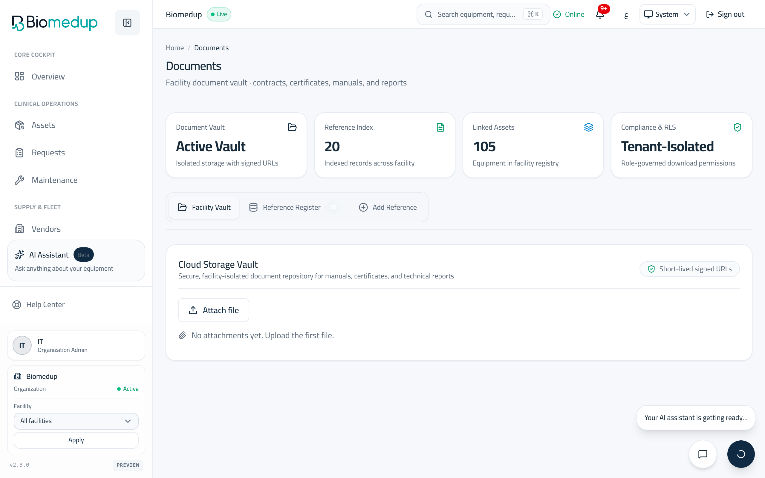 Screenshot of the Documents surface in the Biomedup workspace