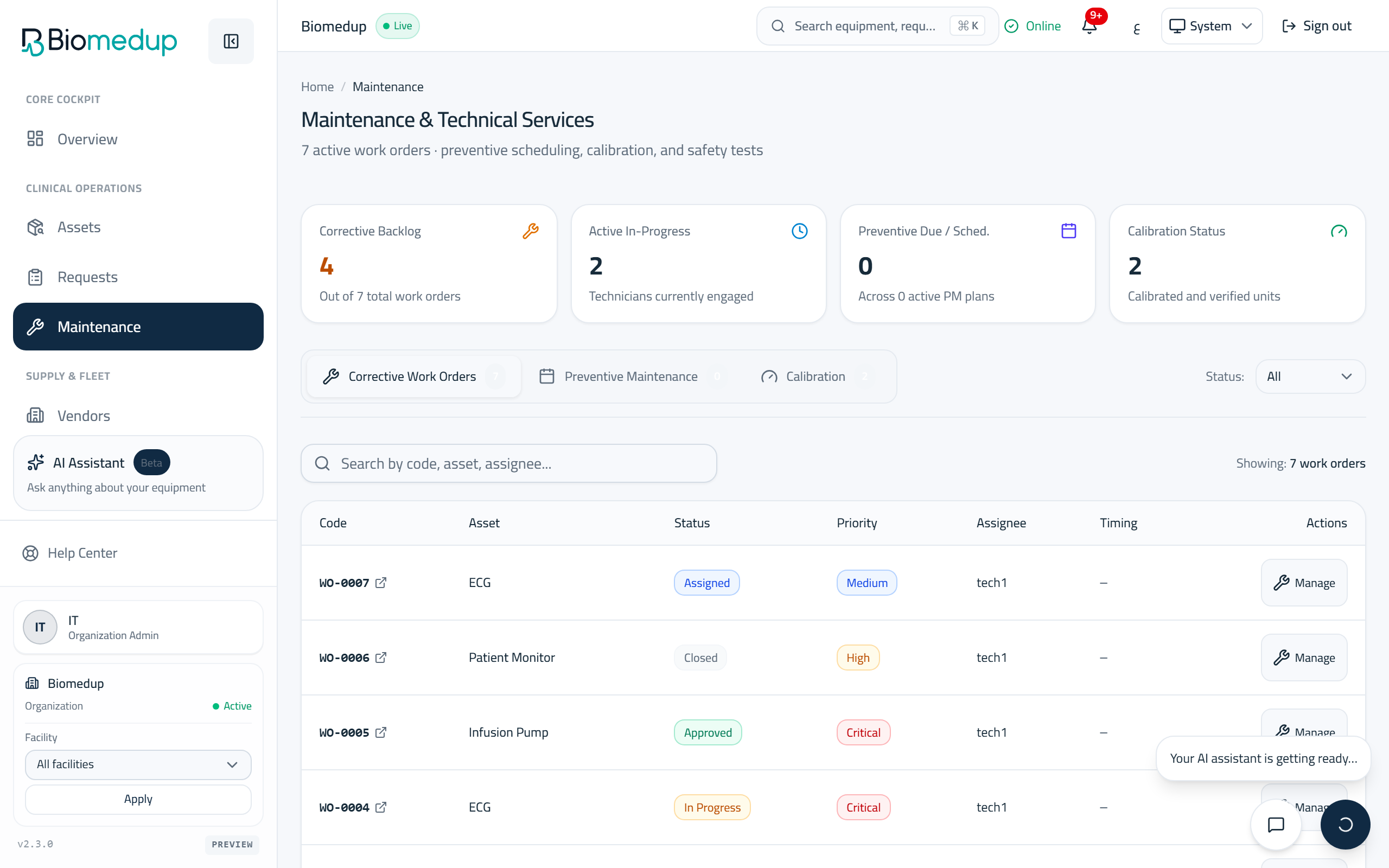 Screenshot of the Maintenance surface in the Biomedup workspace