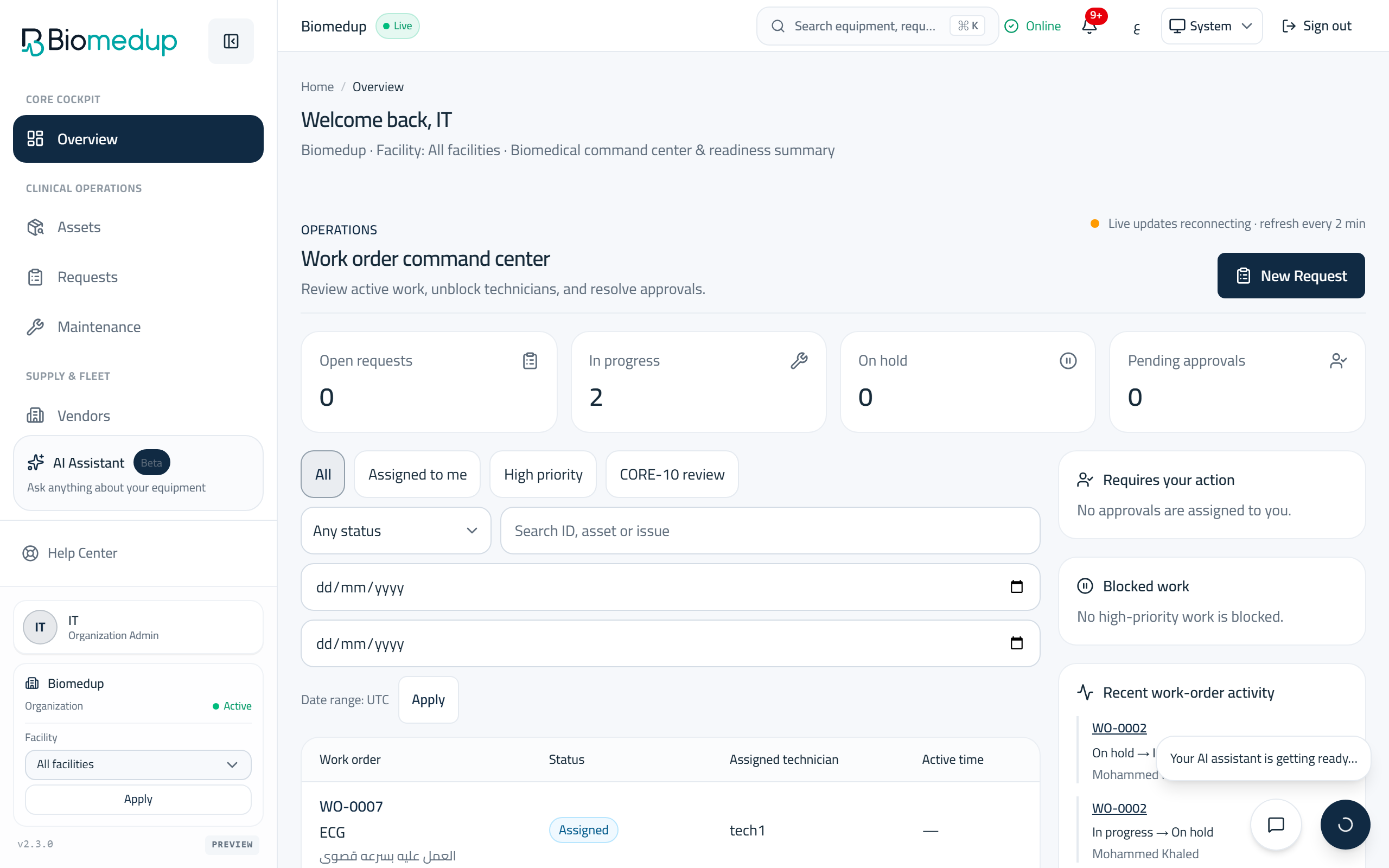 Screenshot of the Workspace overview surface in the Biomedup workspace