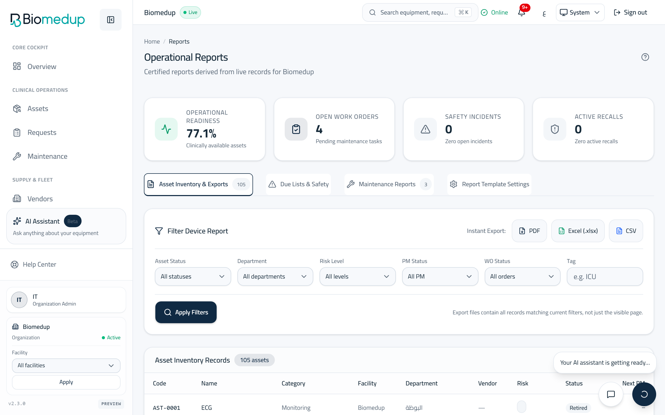 Screenshot of the Reports surface in the Biomedup workspace