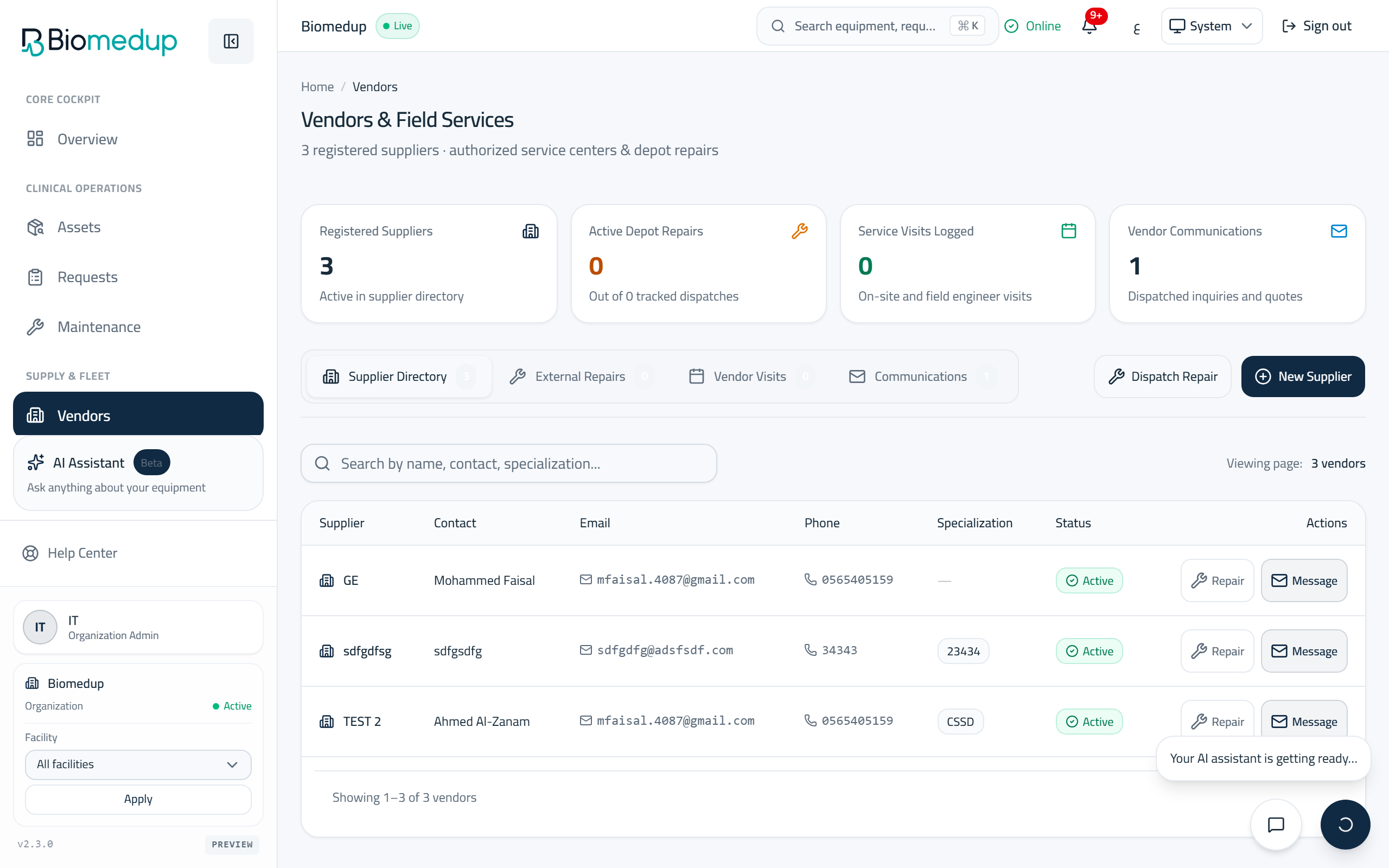 Screenshot of the Vendors surface in the Biomedup workspace